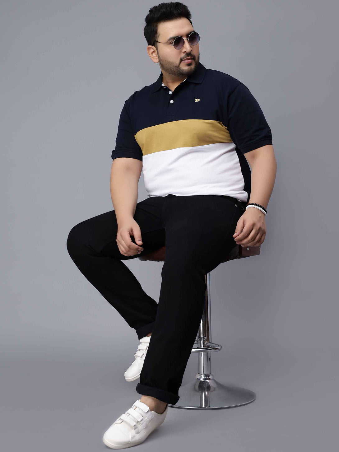 beige triple striped plus size polo t shirt