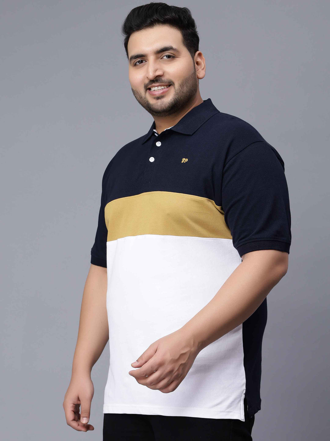 beige triple striped plus size polo t shirt