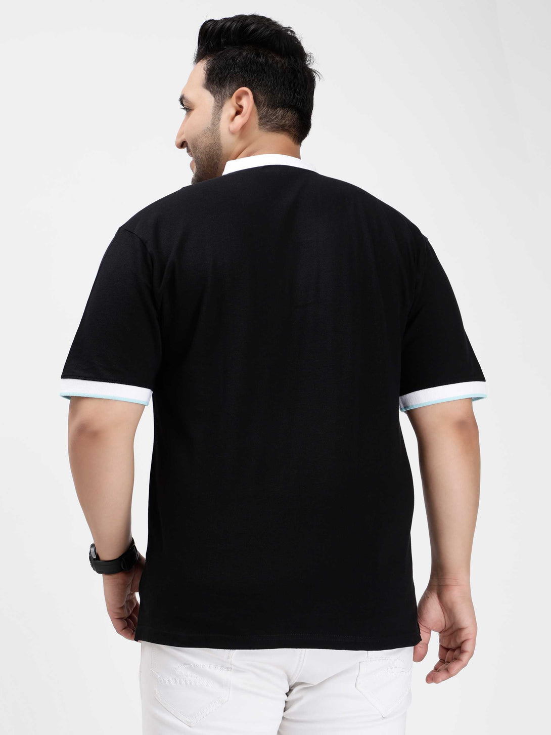 black mandarin collar plus size polo t shirt