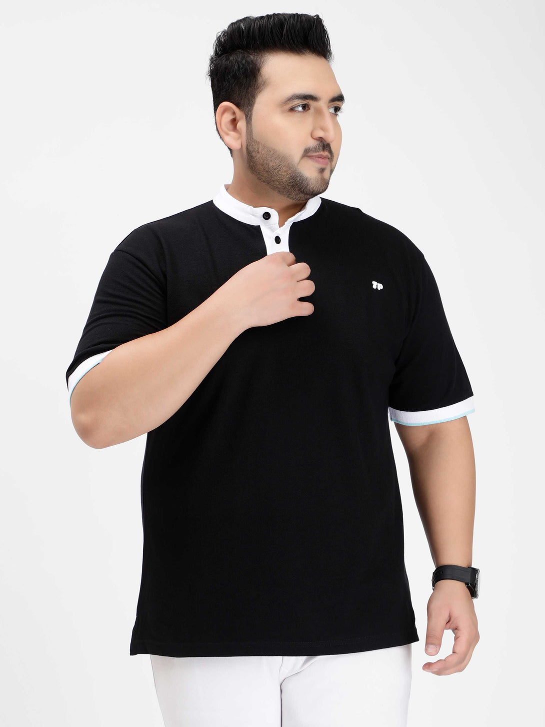 black mandarin collar plus size polo t shirt