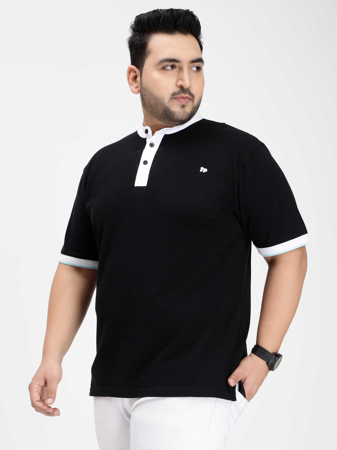 black mandarin collar plus size polo t shirt