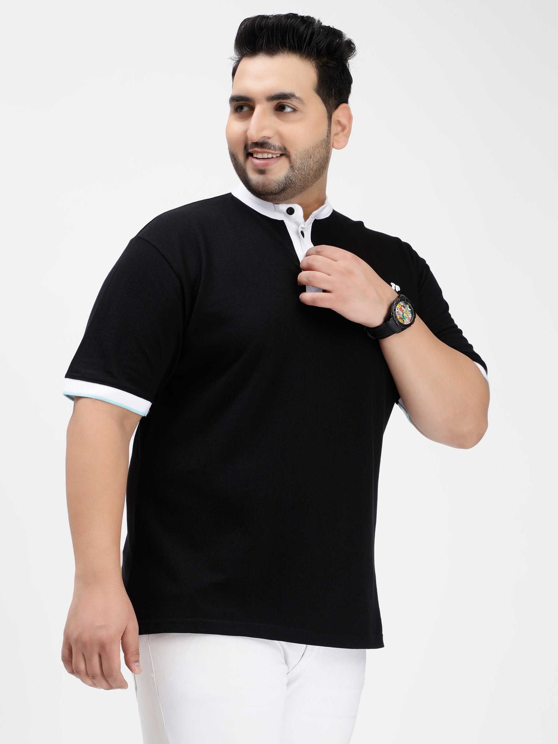 black mandarin collar plus size polo t shirt