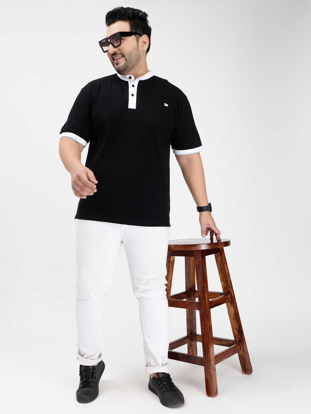 black mandarin collar plus size polo t shirt