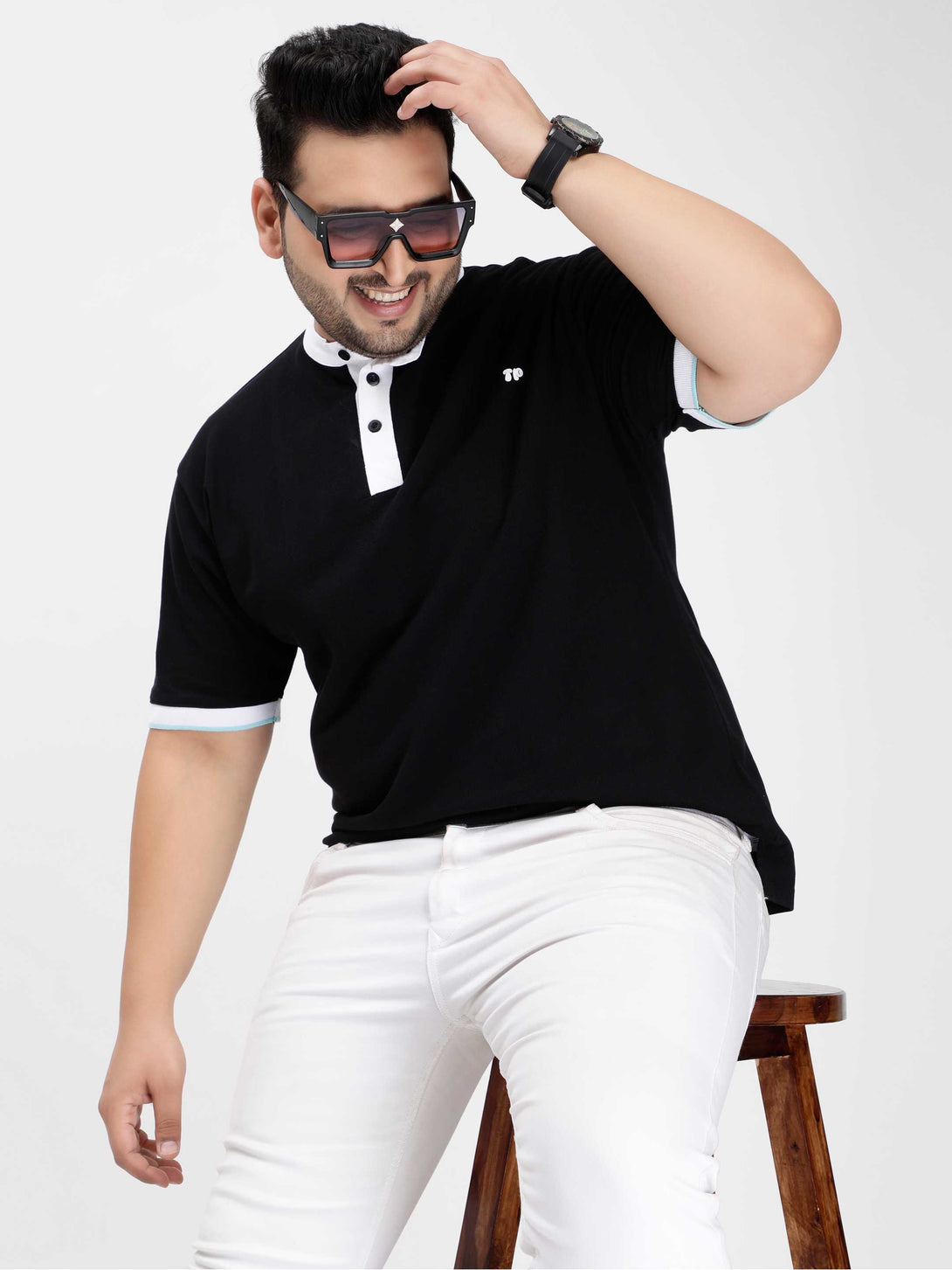 black mandarin collar plus size polo t shirt