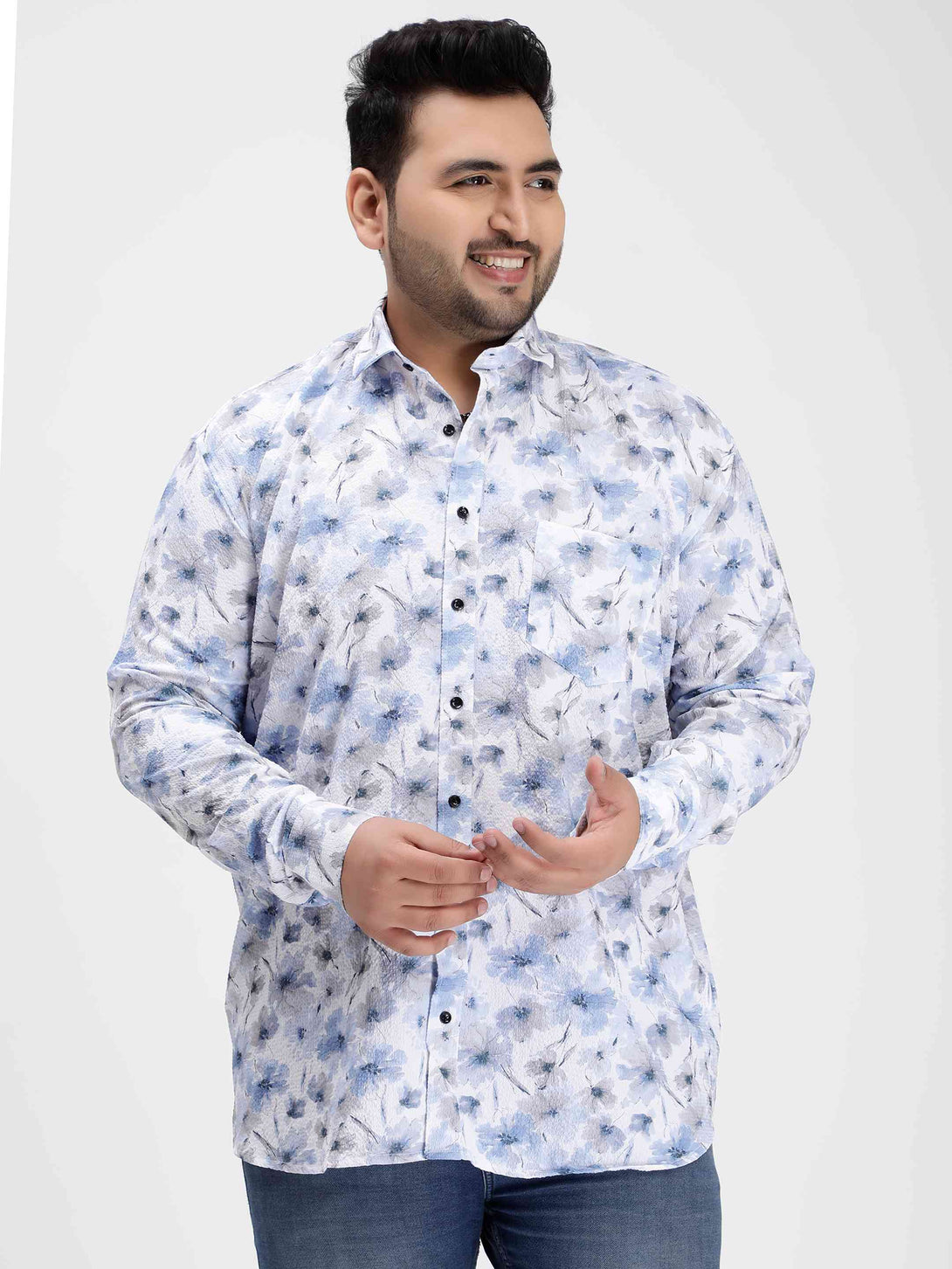 blue floral digital print textured shirt