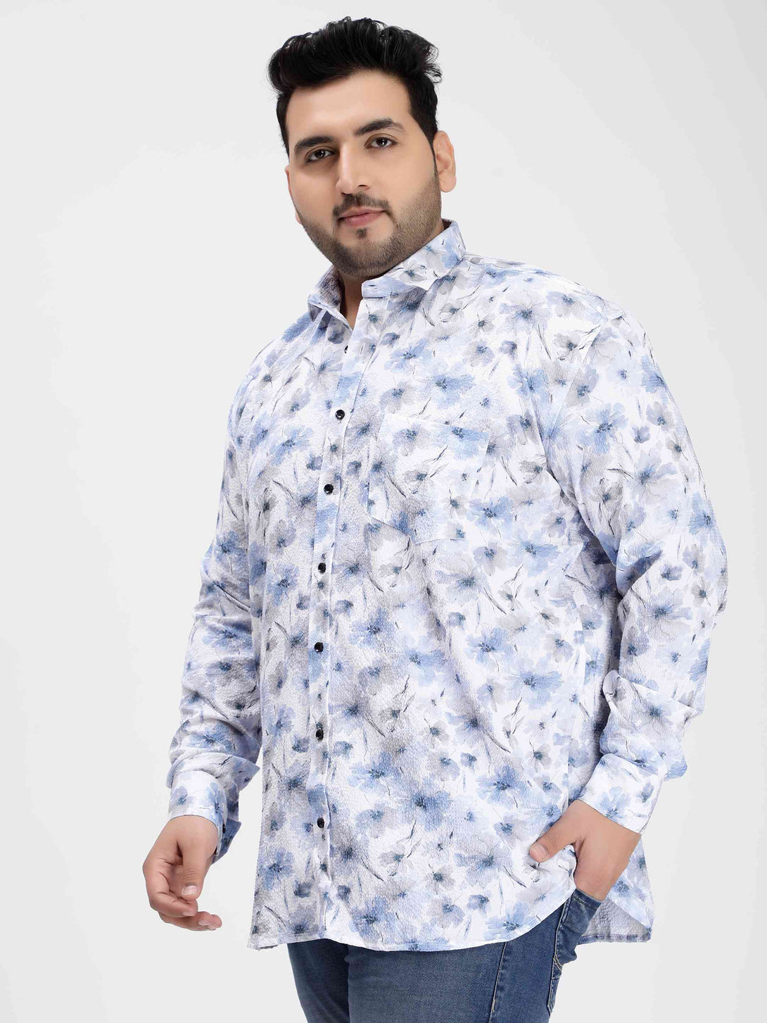 blue floral digital print textured shirt