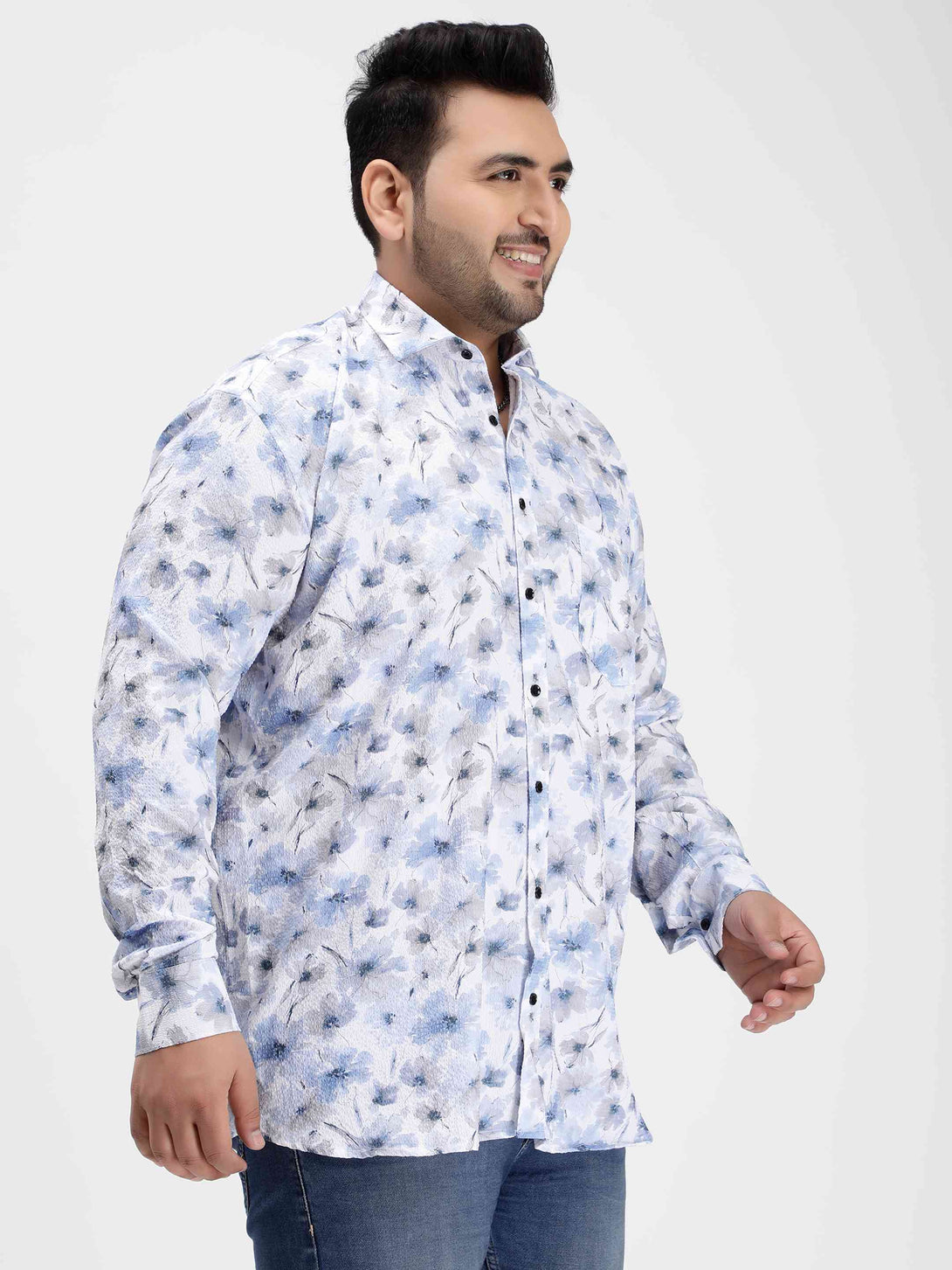 blue floral digital print textured shirt