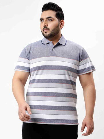 Blue Heather Horizontal Striped Premium Polo T-shirt