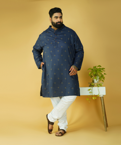 Navy Blue Textured Straight Cotton Kurta Set