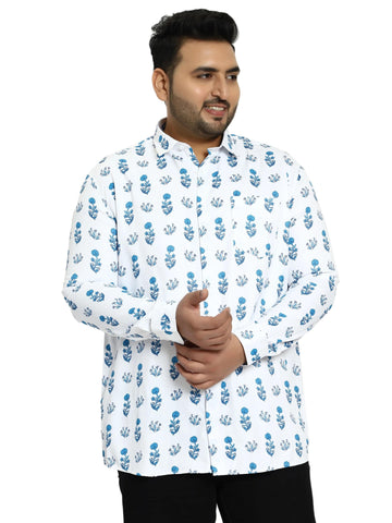 White Digital Floral Print Satin Cotton Shirt