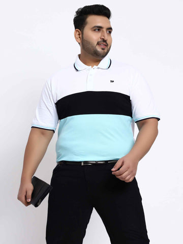 Sky Blue Triple Striped Plus Size Polo T-shirt