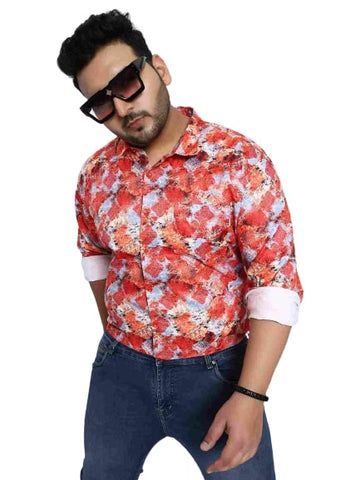 Red Digital Floral Print Satin Cotton Shirt