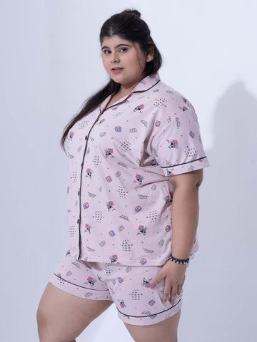 Plus Size Women Pure Cotton Pink Shorts Set