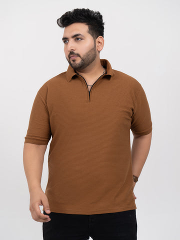 Tan Interlock Zipper Knitted Polo T-shirt