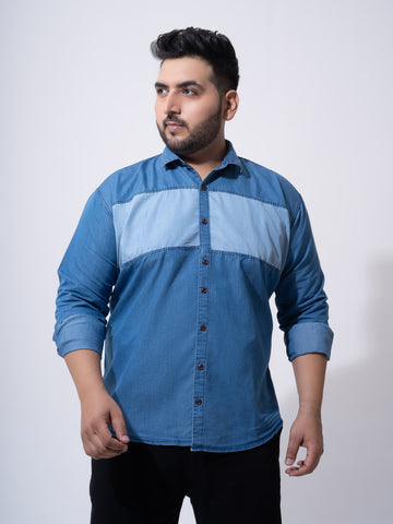 Classic Colour Block Denim Cotton Plus Size Shirt