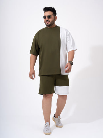 Olive Green Colour Block Relax Fit Plus Size Co-ord Set